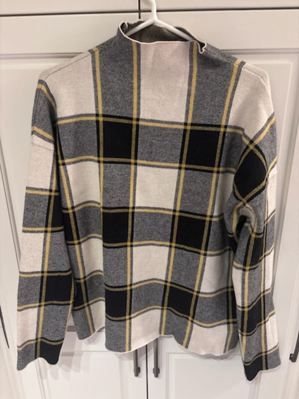 Rachel Zoe Gray Black Cream Plaid Cowl Sweater with Yellow Accents xl